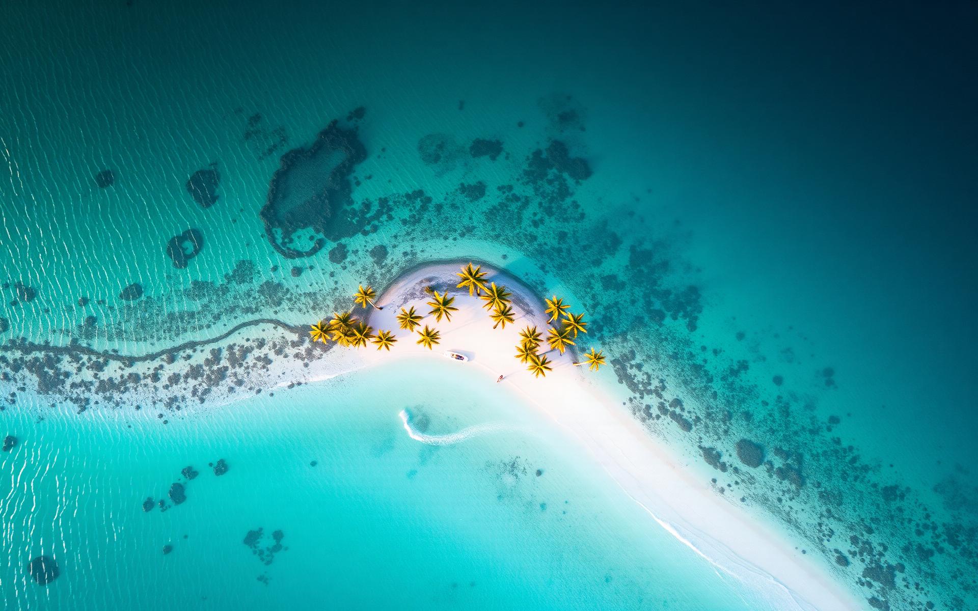 Aerial view of a tropical island paradise with turquoise ocean