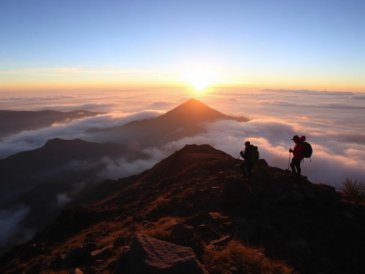 Hikers at sunrise above the clouds