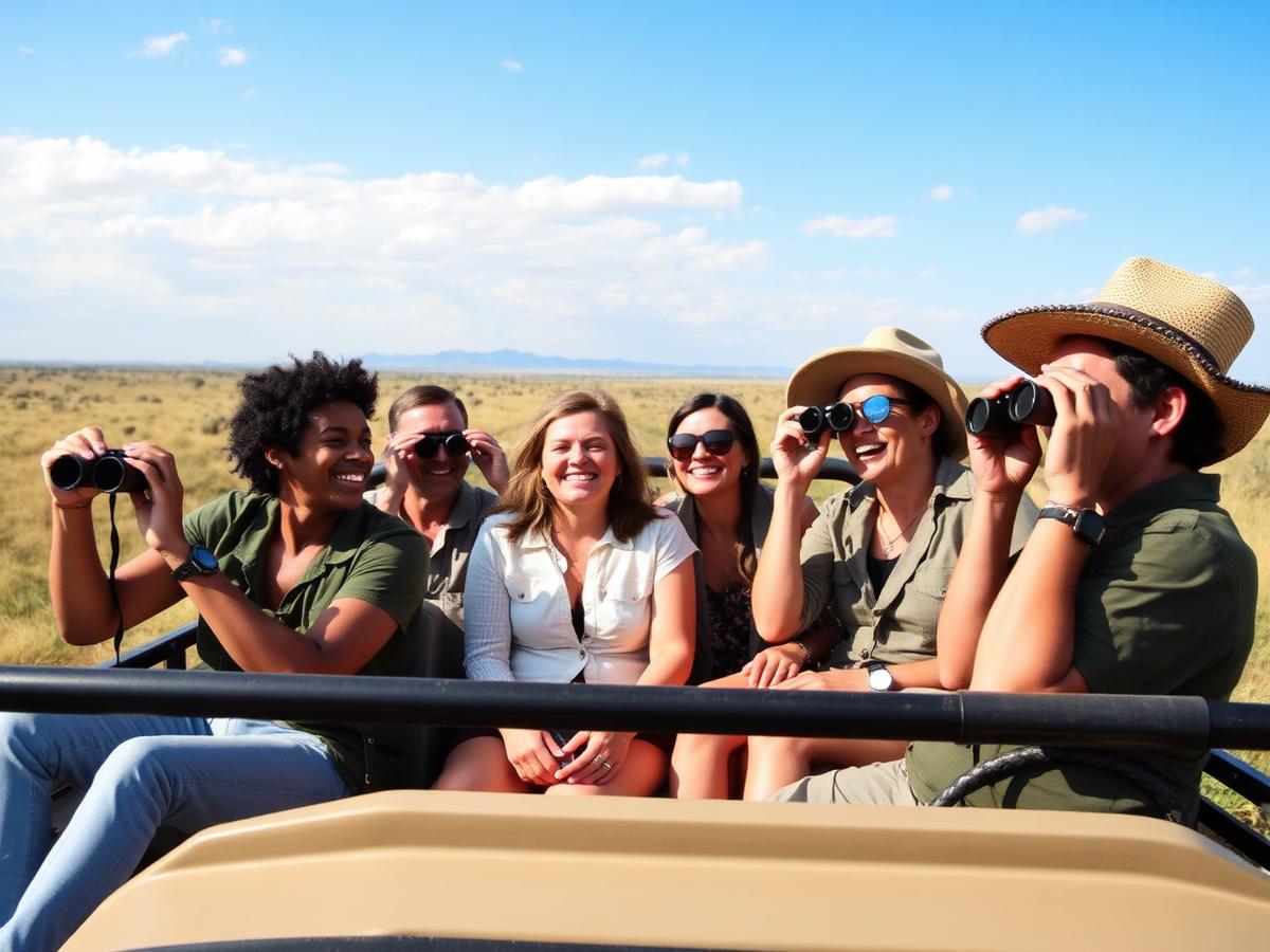Happy group of travelers on safari